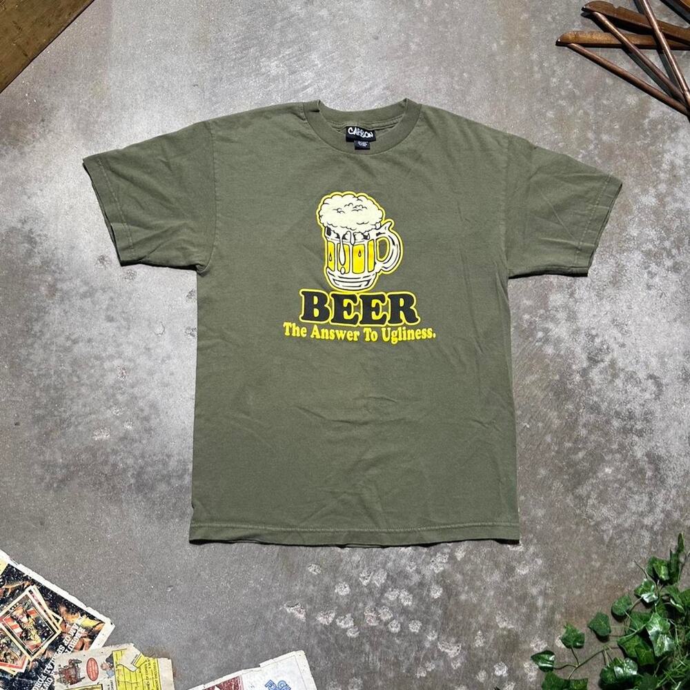 Vintage Y2K "Beer The Answer To Ugliness" Joke Text Tee Mens Medium Funny Shirt